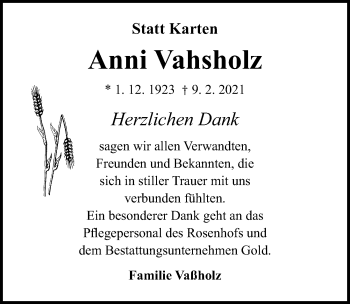 Traueranzeige von Anni Vahsholz von Lübecker Nachrichten