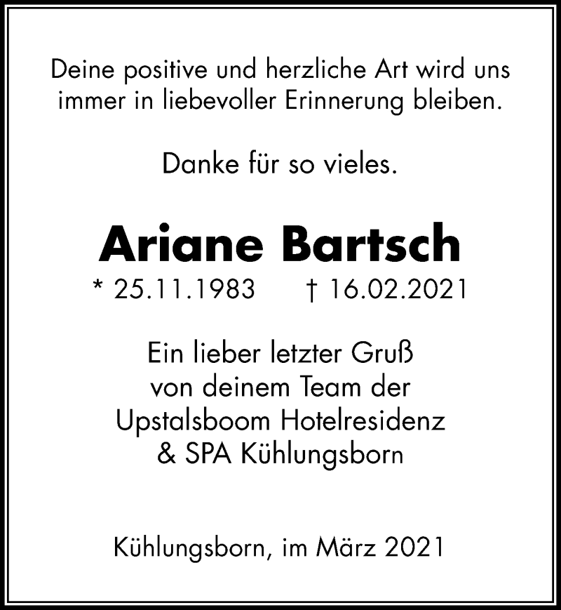  Traueranzeige für Ariane Bartsch vom 13.03.2021 aus Ostsee-Zeitung GmbH