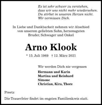 Traueranzeige von Arno Klook von Kieler Nachrichten