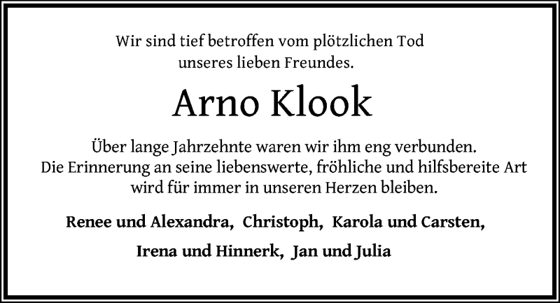  Traueranzeige für Arno Klook vom 20.03.2021 aus Kieler Nachrichten