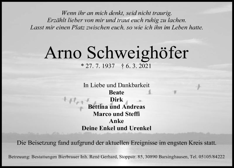  Traueranzeige für Arno Schweighöfer vom 13.03.2021 aus Hannoversche Allgemeine Zeitung/Neue Presse