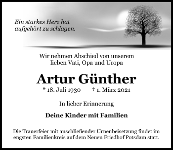 Traueranzeige von Artur Günther von Märkischen Allgemeine Zeitung