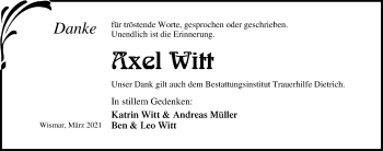 Traueranzeige von Axel Witt von Ostsee-Zeitung GmbH