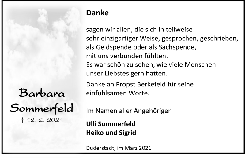  Traueranzeige für Barbara Sommerfeld vom 13.03.2021 aus Eichsfelder Tageblatt