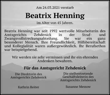 Traueranzeige von Beatrix Henning von Märkischen Allgemeine Zeitung