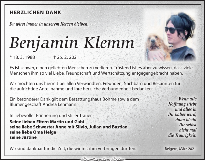  Traueranzeige für Benjamin Klemm vom 27.03.2021 aus Torgauer Zeitung