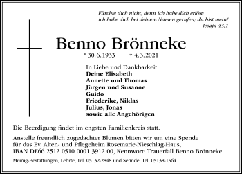 Traueranzeige von Benno Brönneke von Hannoversche Allgemeine Zeitung/Neue Presse