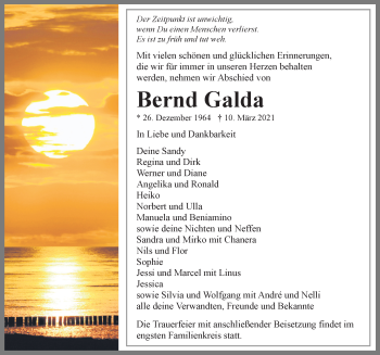 Traueranzeige von Bernd Galda von Ostsee-Zeitung GmbH