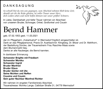 Traueranzeige von Bernd Hammer von Leipziger Volkszeitung