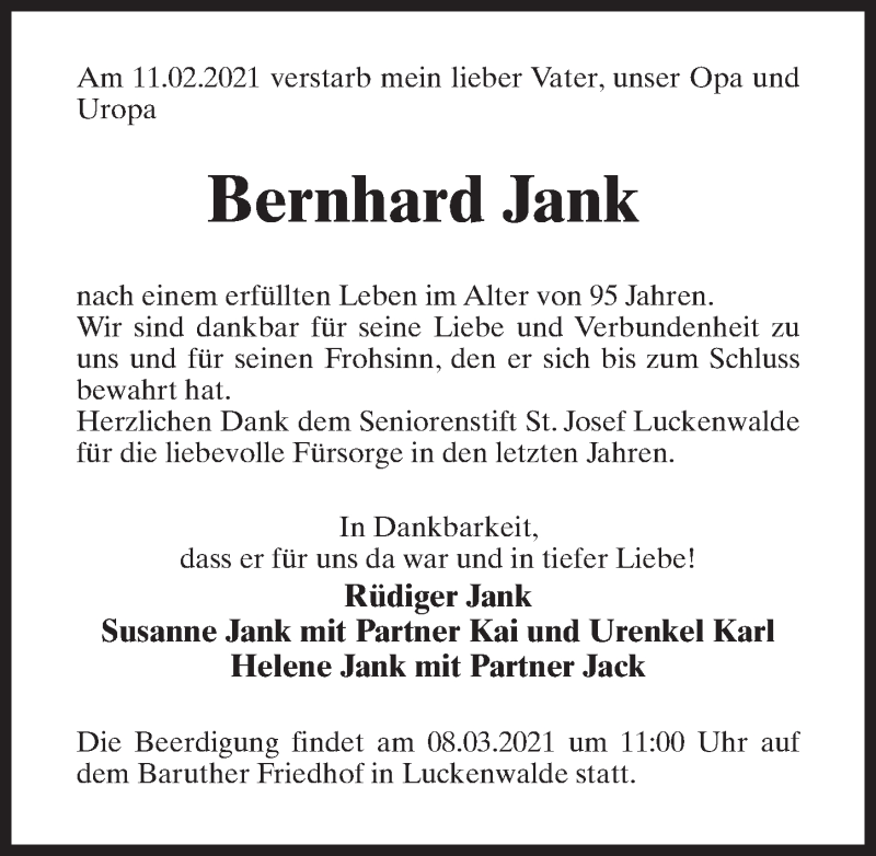  Traueranzeige für Bernhard Jank vom 03.03.2021 aus Märkischen Allgemeine Zeitung