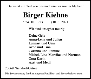 Traueranzeige von Birger Kiehne von Lübecker Nachrichten