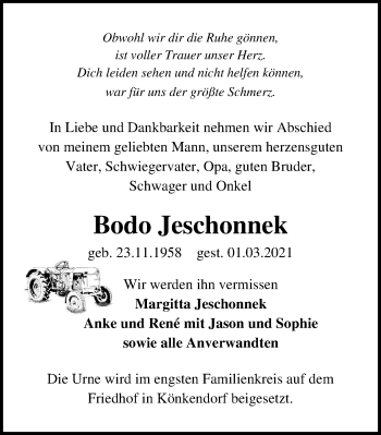 Traueranzeige von Bodo Jeschonnek von Märkischen Allgemeine Zeitung