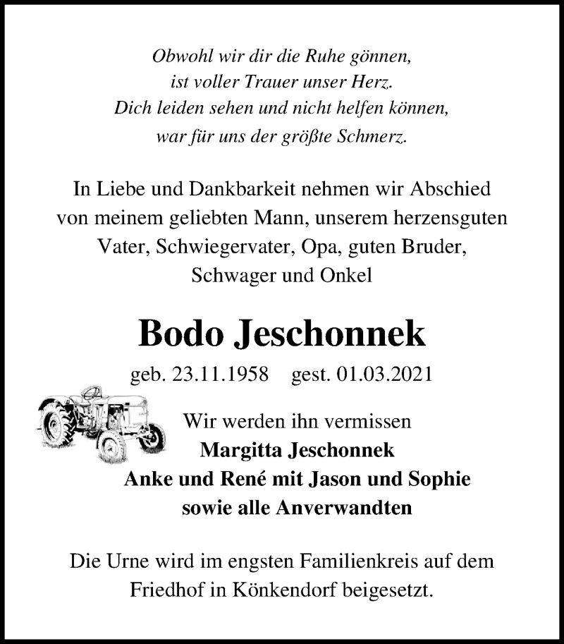  Traueranzeige für Bodo Jeschonnek vom 13.03.2021 aus Märkischen Allgemeine Zeitung