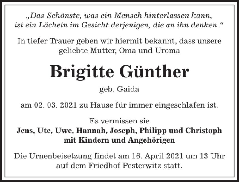  Traueranzeige für Brigitte Günther vom 13.03.2021 aus Sächsische Zeitung