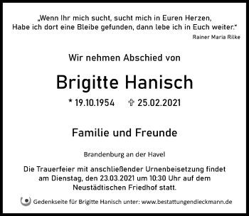 Traueranzeige von Brigitte Hanisch von Märkischen Allgemeine Zeitung