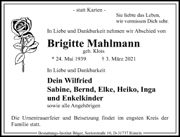 Traueranzeige von Brigitte Mahlmann von Schaumburger Nachrichten