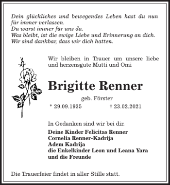 Traueranzeigen von Brigitte Renner | trauer-anzeigen.de