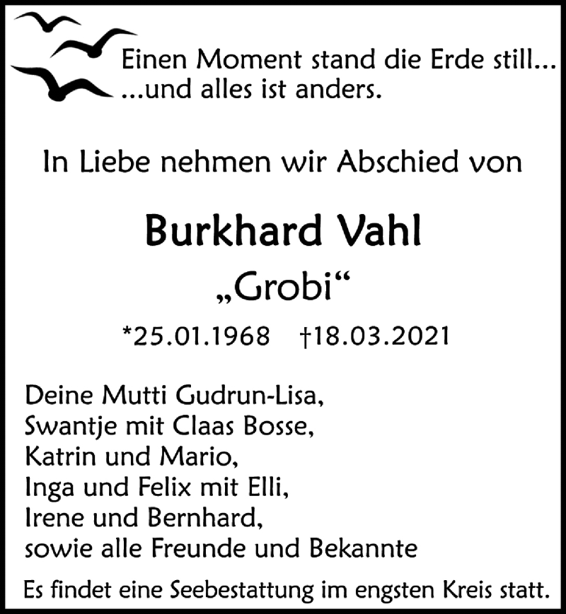  Traueranzeige für Burkhard Vahl vom 27.03.2021 aus Ostsee-Zeitung GmbH