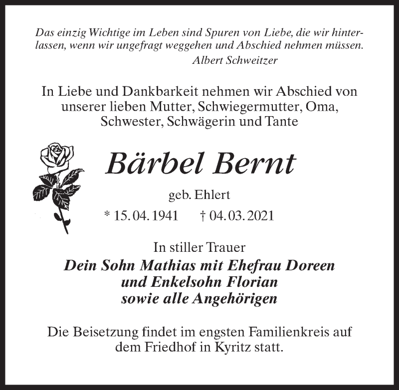  Traueranzeige für Bärbel Bernt vom 13.03.2021 aus Märkischen Allgemeine Zeitung