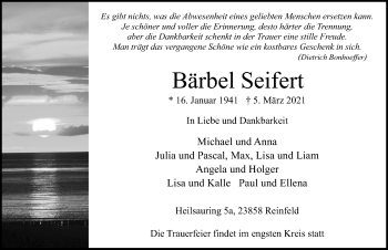 Traueranzeige von Bärbel Seifert von Lübecker Nachrichten
