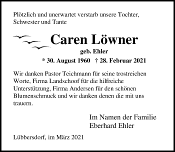 Traueranzeige von Caren Löwner von Lübecker Nachrichten