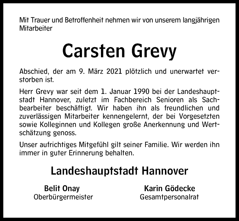  Traueranzeige für Carsten Grevy vom 30.03.2021 aus Hannoversche Allgemeine Zeitung/Neue Presse
