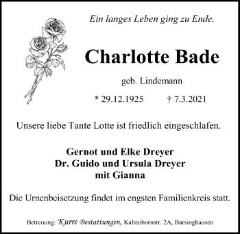 Traueranzeige von Charlotte Bade von Hannoversche Allgemeine Zeitung/Neue Presse