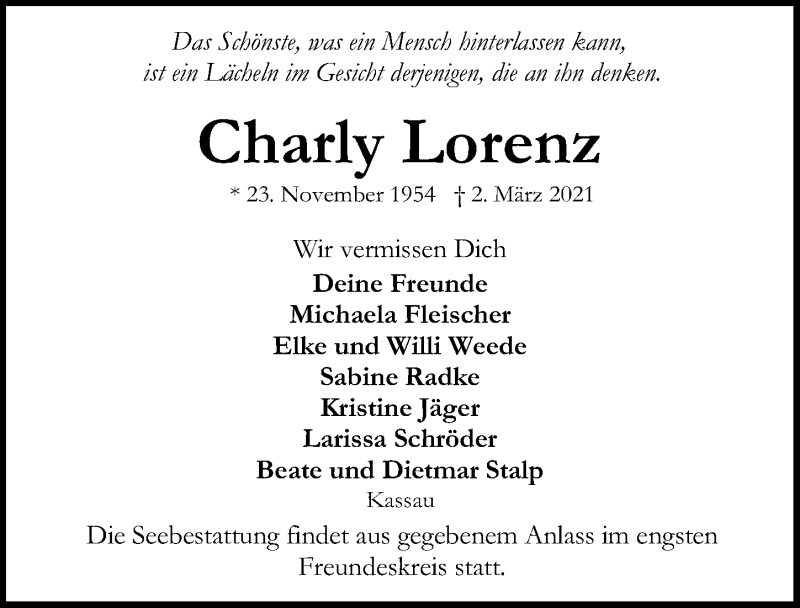  Traueranzeige für Charly Lorenz vom 07.03.2021 aus Lübecker Nachrichten