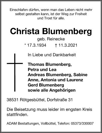 Traueranzeige von Christa Blumenberg von Aller Zeitung