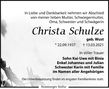 Traueranzeige von Christa Schulze von Leipziger Volkszeitung