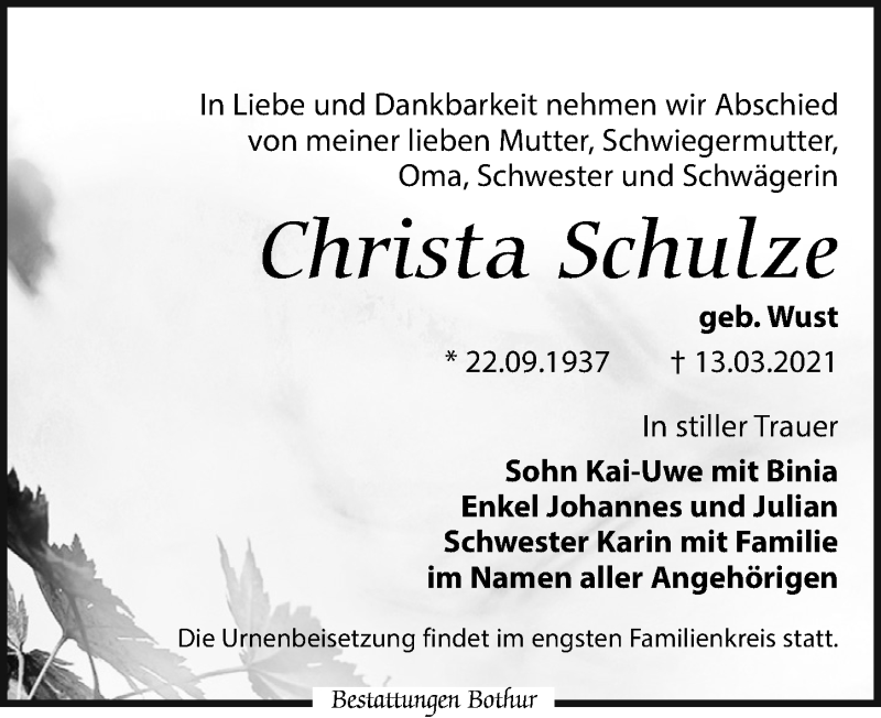 Traueranzeige für Christa Schulze vom 27.03.2021 aus Leipziger Volkszeitung