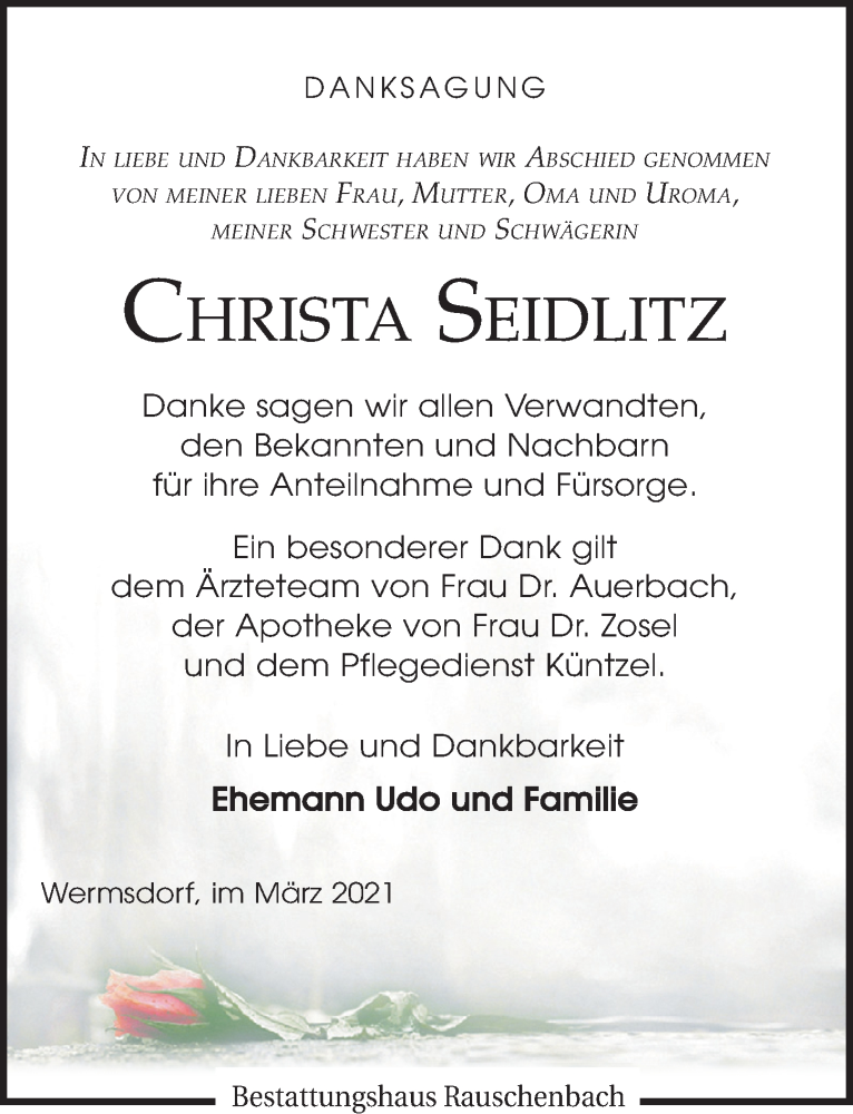  Traueranzeige für Christa Seidlitz vom 20.03.2021 aus Leipziger Volkszeitung