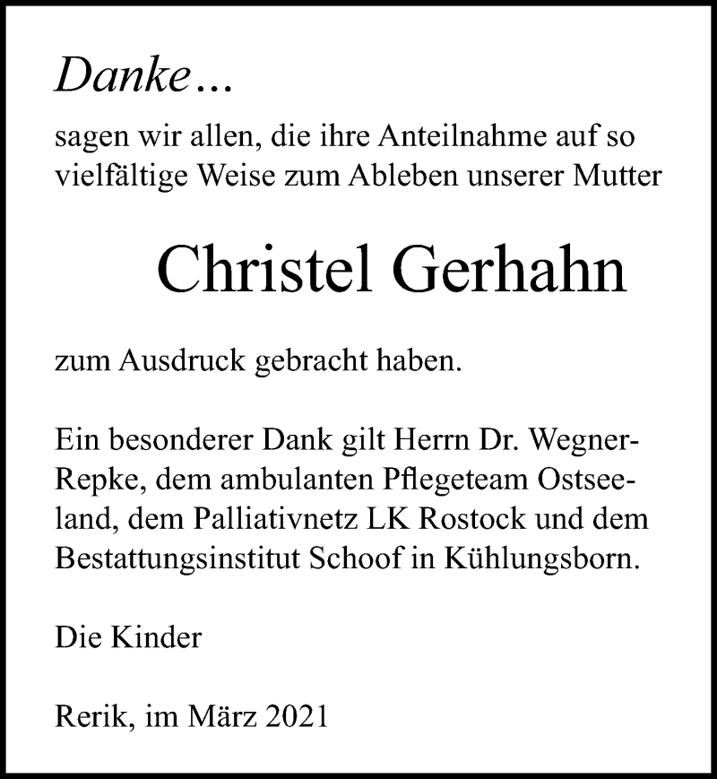  Traueranzeige für Christel Gerhahn vom 20.03.2021 aus Ostsee-Zeitung GmbH