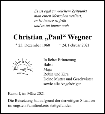 Traueranzeige von Christian  Wegner von Lübecker Nachrichten