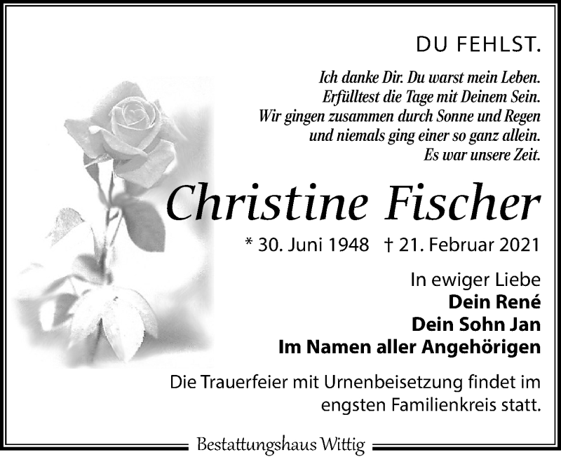  Traueranzeige für Christine Fischer vom 06.03.2021 aus Leipziger Volkszeitung