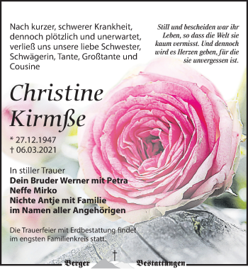 Traueranzeige von Christine Kirmße von Leipziger Volkszeitung