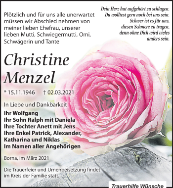 Traueranzeige von Christine Menzel von Leipziger Volkszeitung