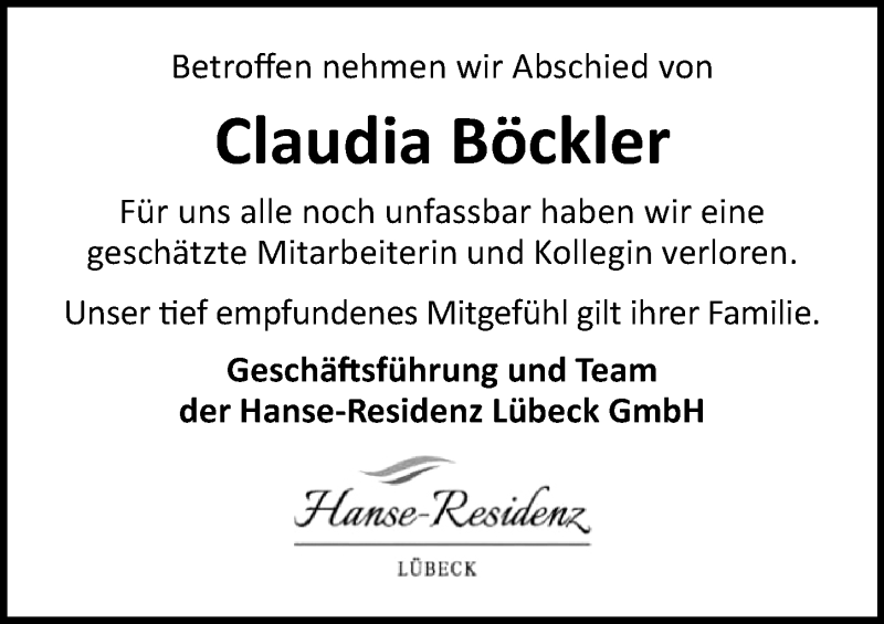  Traueranzeige für Claudia Böckler vom 07.03.2021 aus Lübecker Nachrichten