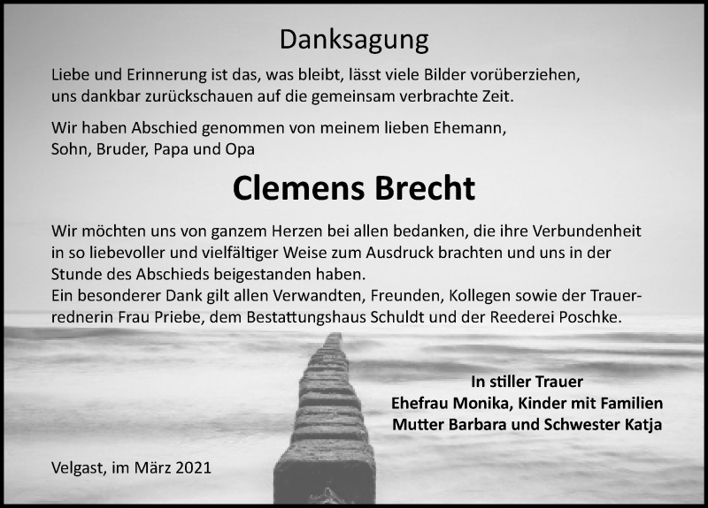  Traueranzeige für Clemens Brecht vom 27.03.2021 aus Ostsee-Zeitung GmbH