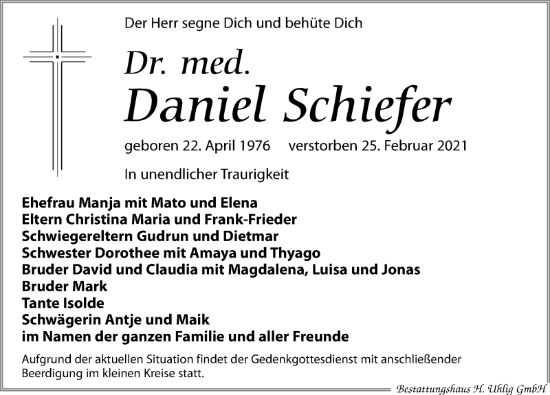  Traueranzeige für Daniel Schiefer vom 06.03.2021 aus Leipziger Volkszeitung