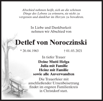 Traueranzeige von Detlef von Noroczinski von Märkischen Allgemeine Zeitung