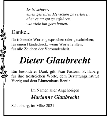 Traueranzeige von Dieter Glaubrecht von Ostsee-Zeitung GmbH