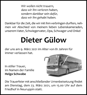 Traueranzeige von Dieter Gülow von Märkischen Allgemeine Zeitung