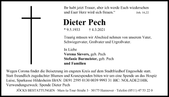 Traueranzeige von Dieter Pech von Hannoversche Allgemeine Zeitung/Neue Presse
