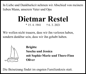 Traueranzeige von Dietmar Restel von Kieler Nachrichten