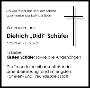 Traueranzeige von Dietrich Schäfer von Hannoversche Allgemeine Zeitung/Neue Presse