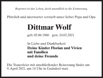 Traueranzeige von Dittmar Wolf von Märkischen Allgemeine Zeitung
