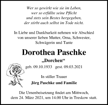 Traueranzeige von Dorothea Paschke von Märkischen Allgemeine Zeitung