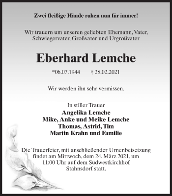 Traueranzeige von Eberhard Lemche von Märkischen Allgemeine Zeitung