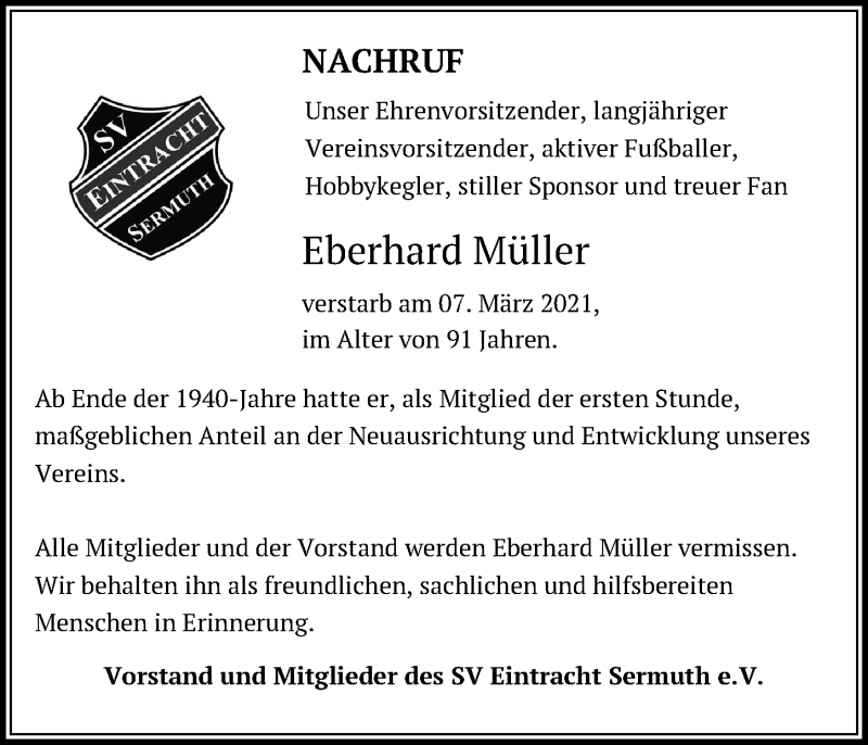 Traueranzeige für Eberhard Müller vom 13.03.2021 aus Leipziger Volkszeitung